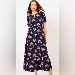 LOFT Navy Floral Side Tie Midi Dress, Size 6